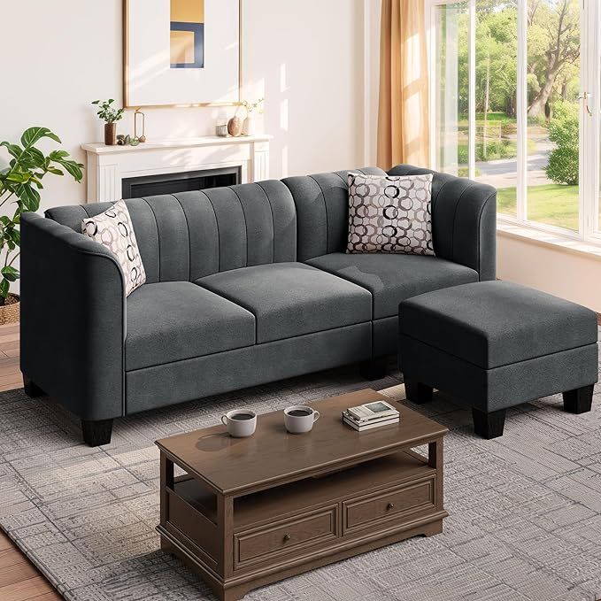 Shintenchi Upgraded Convertible Sectional Sofa Couch, 3 Seat L Shaped Sofa with High Armrest Linen Fabric Small Couch Mid Century for Living Room, Apartment and Office (Dark Grey)#NationalDecoratingMonth
