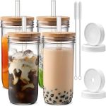 Glass Cups with Lids and Straws,24oz Smoothie Cup with Lid and Straw-DWTS Boba Mason Jar,Wide Mouth Reusable Drinking Glasses,Iced Coffee Cups Glass,Vasos De Vidrio【4 Pack】#NationalBubbleTeaDay