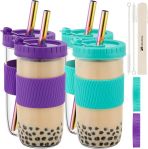 Reusable Boba Cup Bubble Tea Cup 4 Pack, 24Oz Wide Mouth Smoothie Cups with Lid, Silicone Sleeve & Angled Wide Straws, Leakproof Glass Mason Jars Drinking Water Bottle Travel Tumbler for Large Pearl#NationalBubbleTeaDay